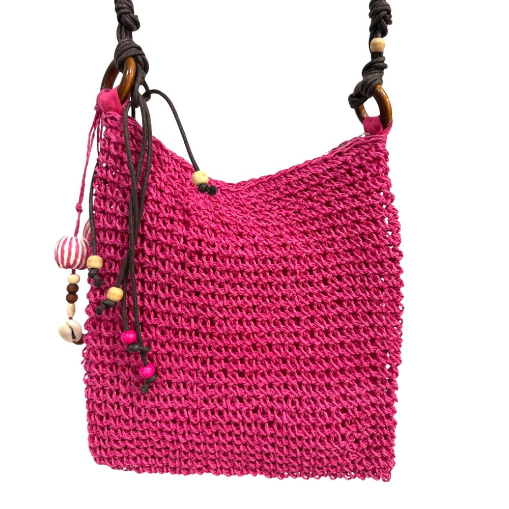 Pink Boho Crochet Raffia Crossbody Beaded Wood Strap Zipper 47in Shell Charm Bag
